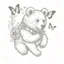 small bear holding a marigold flower with butterflies flying around the flower tattoo design idea