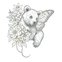 small bear holding a marigold flower with butterflies flying around the flower tattoo design idea
