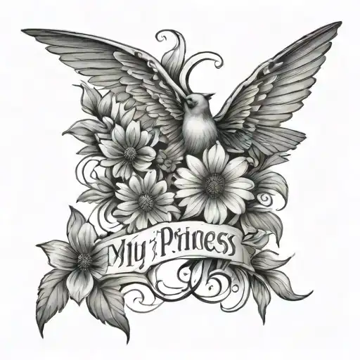 text "My Princess Josephine" bold gothic style with black daisies and birds  tattoo design idea