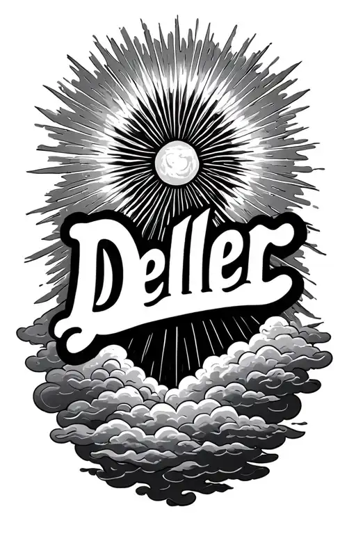 The word Deller in the middle surrounded by sun rays and clouds tattoo design idea