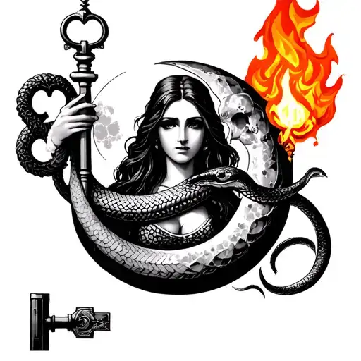 triple moon goddess holding an old fashioned key and a serpent. flaming torch in background tattoo design idea