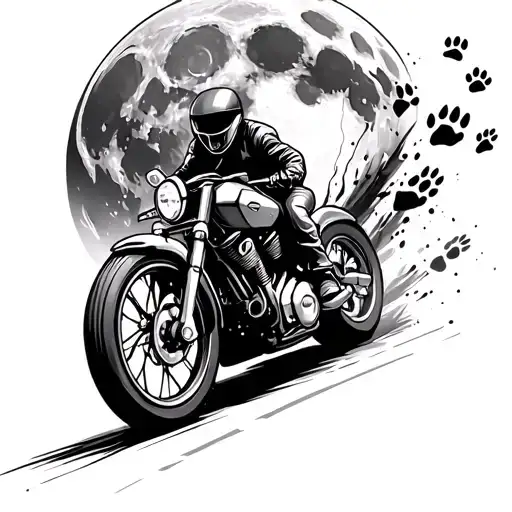 A full moon with a motorcycle racing across it, leaving wolf paw prints behind tattoo design idea