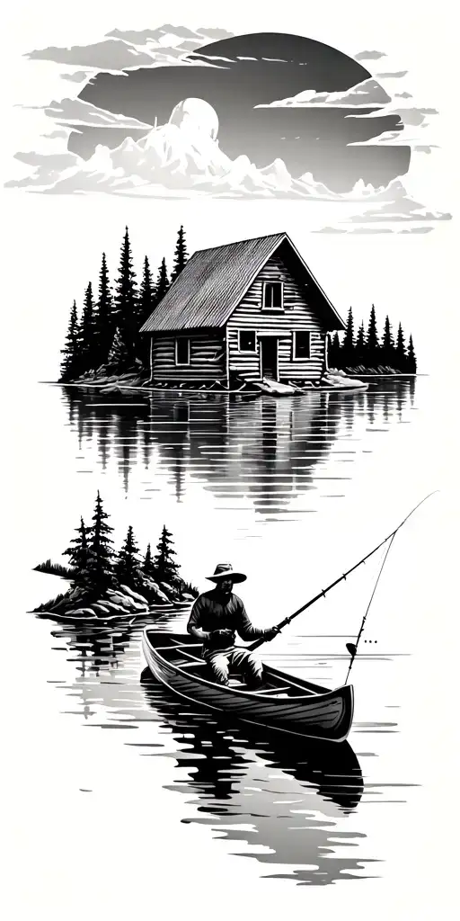 cabin on a lake, man fishing in a canoe tattoo design idea
