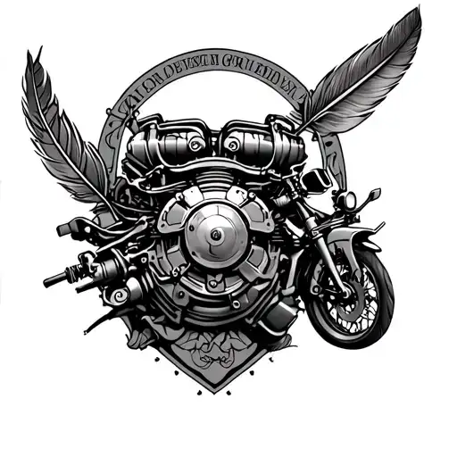 Vi arcane Back tattoo with motorbike engine and a few Feathers und something about blacksmithing tattoo design idea