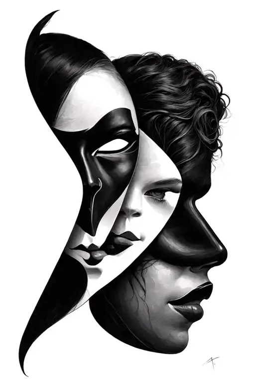 Two masks—one hidden, one revealed (truth vs. assumption) tattoo design idea