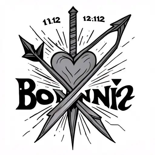 long thin arrow with heart as blade with name Bonnie above and 12:12 fine line tattoo design idea
