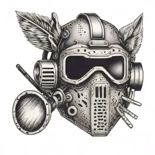 A welding mask with a wolf silhouette and hockey sticks crossed behind it tattoo design idea