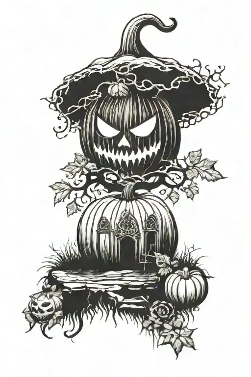 pumpkin in graveyard scene tattoo design idea