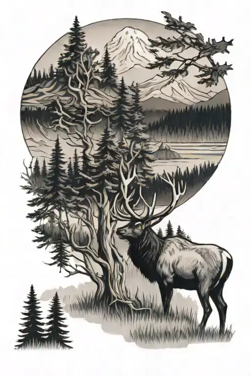 river with bull elk standing in it going through trees with mount rainier in the background  tattoo design idea