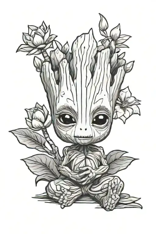 baby groot with lotus flower hair tattoo design idea