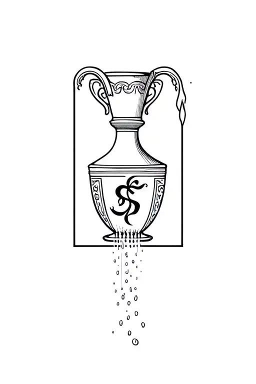 Greek vase pouring water over a rectangle with the zoodiac sign of Aquarius inside tattoo design idea