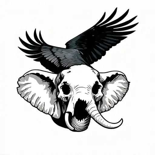 elephant skull with black bird flying away tattoo design idea