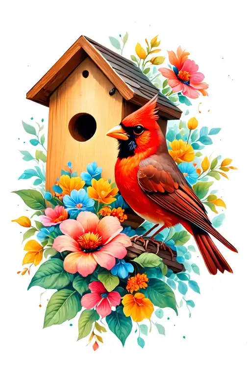 flowers, birdhouse, and cardinal bird tattoo design idea