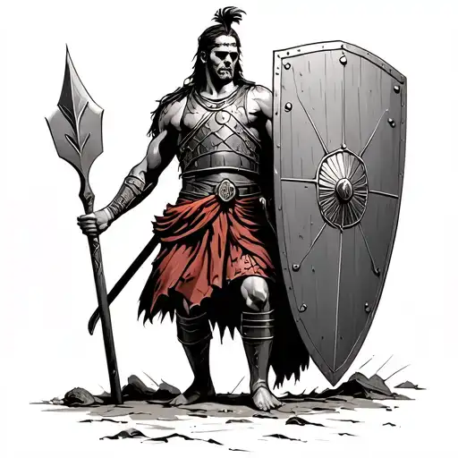 Gladiator standing dead, leaning on shield and spear tattoo design idea