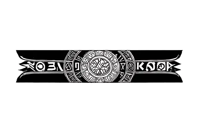 Realistic black ink armband tattoo for forearm, featuring Slavic pagan symbols and runes arranged in circular, spiritual tattoo design idea