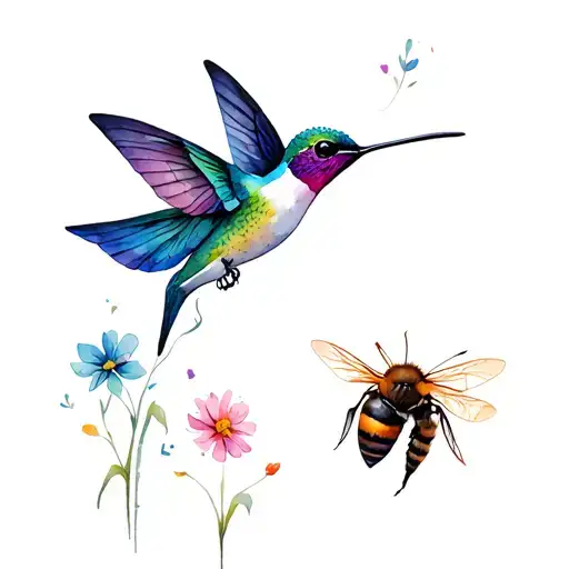 hummingbird, butterfly and bee pollinating tattoo design idea