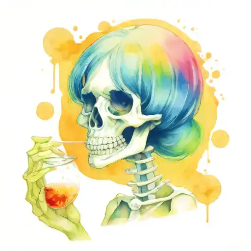pretty colourful skeleton with tiny bowl of rice tattoo design idea