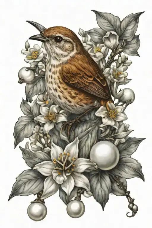 wren bird pearl necklace daffodil bud bursting daisy tattoo design idea