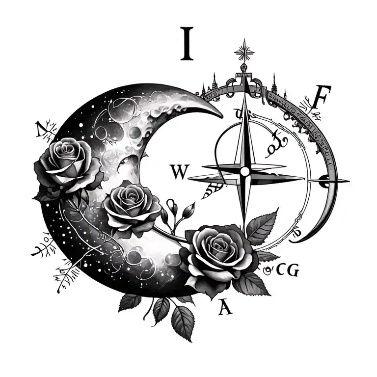 crescent moon, Aries & Libra constellations, roses, wedding rings, compass, London skyline, initials I & F tattoo design idea