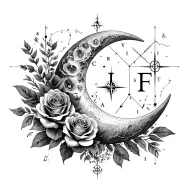 crescent moon, Aries & Libra constellations, roses, wedding rings, compass, London skyline, initials I & F tattoo design idea
