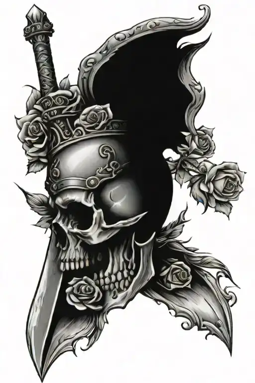 sword going through the top and out of the bottom of a skull wearing a viking crown, surrounded by roses  tattoo design idea