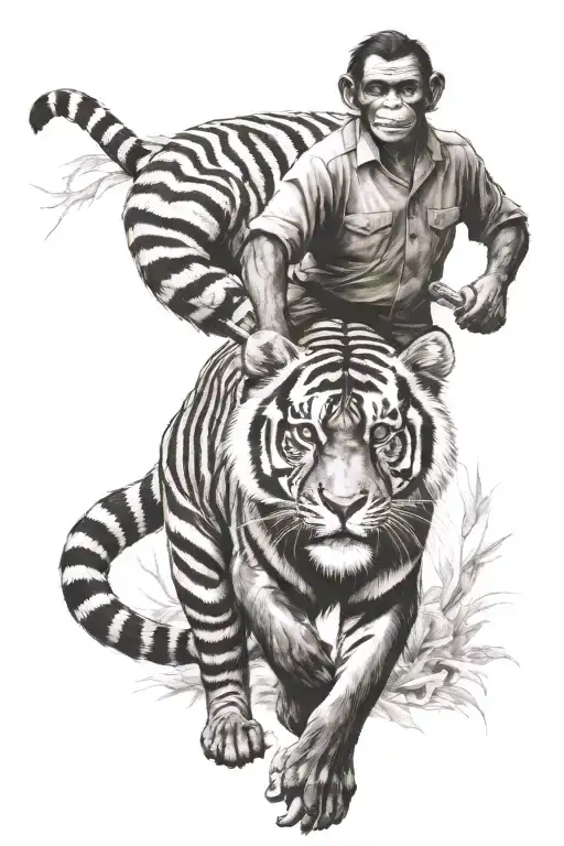 chimpanze riding on a bengal tiger holding a cross shaped knife tattoo design idea