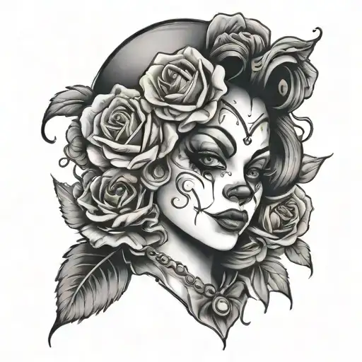 girl clown face with roses blooming tattoo design idea