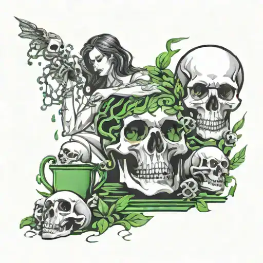 woman (Pandora) opening the vase and all the skulls getting out of it, and a green spark, light symbolizing the hope tattoo design idea
