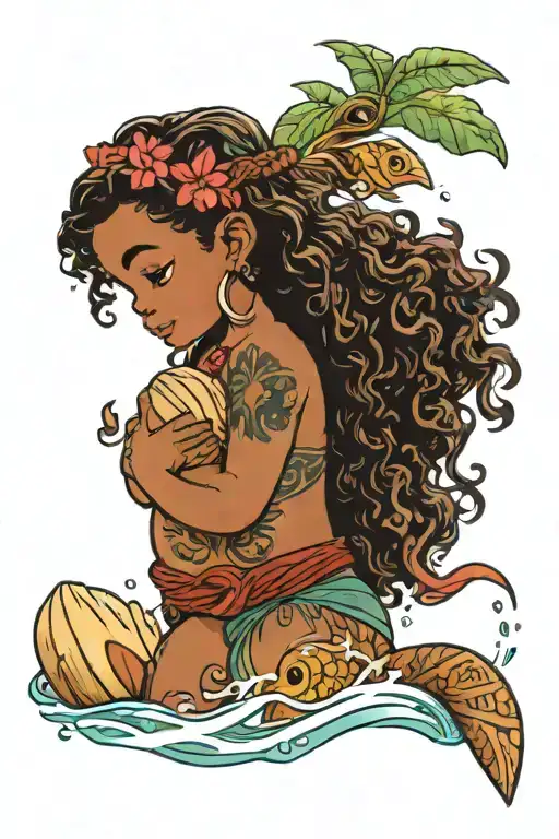 Baby Moana in the water holding a shell tattoo design idea