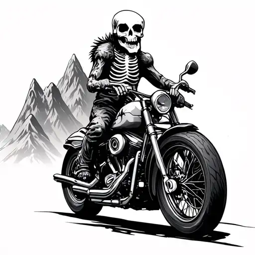 motorcycle , strong animal or skeleton riding it , mountain range  tattoo design idea