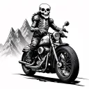 motorcycle , strong animal or skeleton riding it , mountain range  tattoo design idea