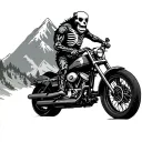 motorcycle , strong animal or skeleton riding it , mountain range  tattoo design idea