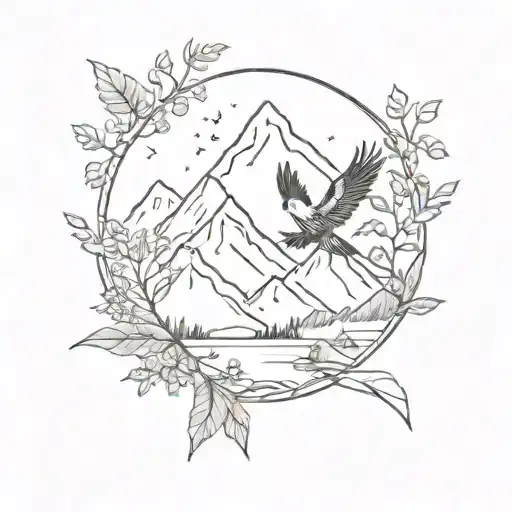 A small black and white tattoo of mountains with some plants and a freedom bird tattoo design idea