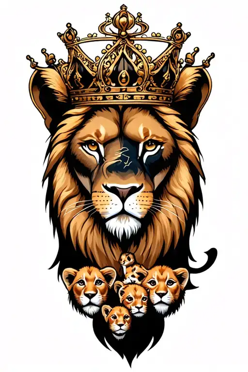 full tattoo sleeve with king lion with a crown a scar on 1 eye and 10 cubs (7 boys 3 girls)  tattoo design idea