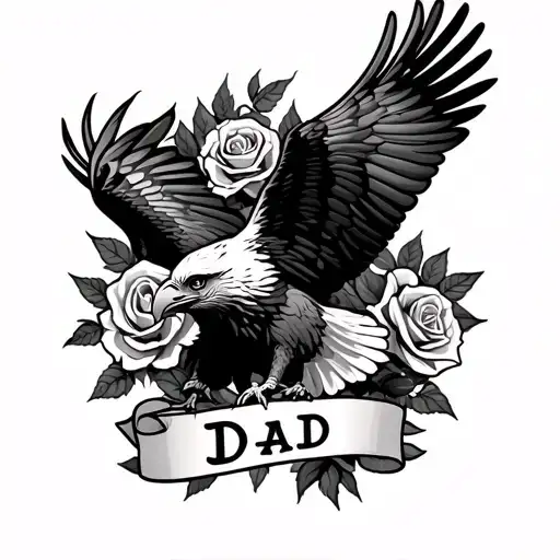 wedge tailed eagle soaring with roses and banner saying Dad tattoo design idea