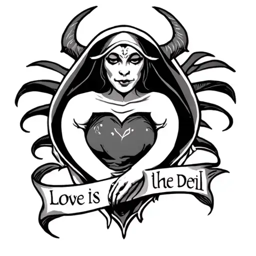 "love is the devil" beautiful nun demon tattoo design idea
