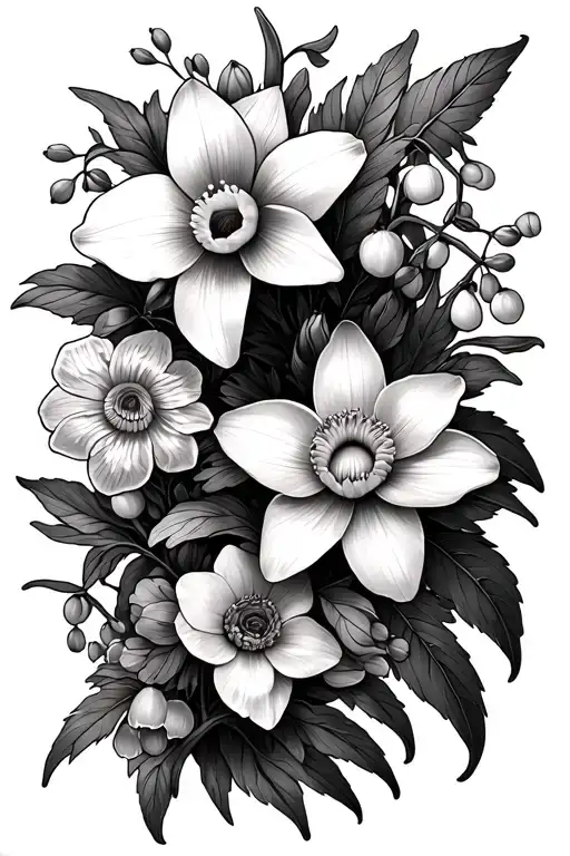 Daffodil, water lily, gladiolus, narcissus, lily of the valley, daisy, violet and aster flowers on a thin long vine tattoo design idea