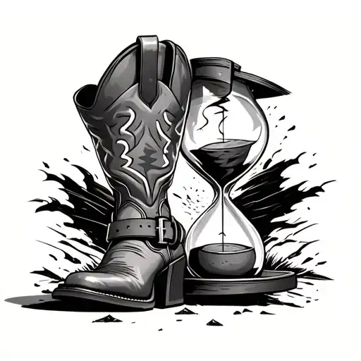 hour glass with a pair of square toe cowboy boots with a belt layer across them with a tornado pulling up a street sign  tattoo design idea