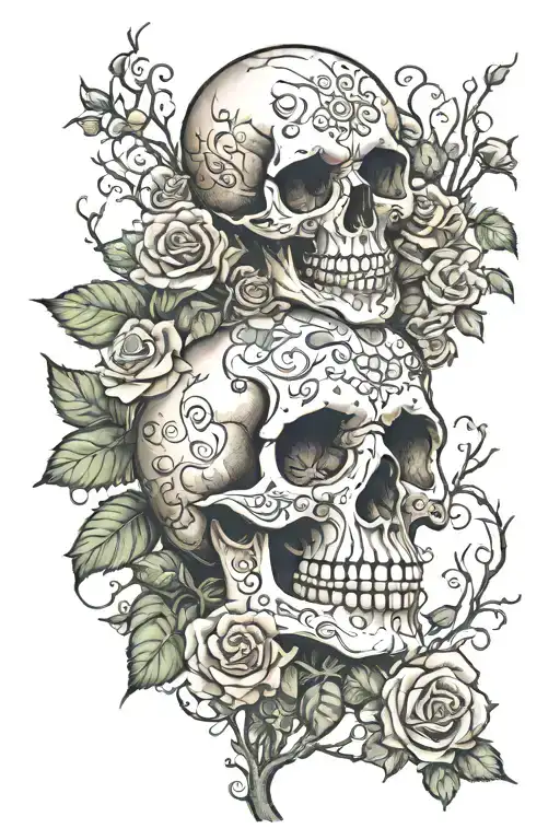skull and roses and day of the dead tree tattoo design idea