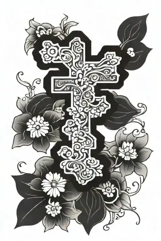 orthodox cross in flowers tattoo design idea