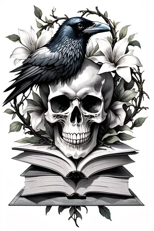skull,raven, books, gothic, thorn vines, lillies, black and gray  tattoo design idea