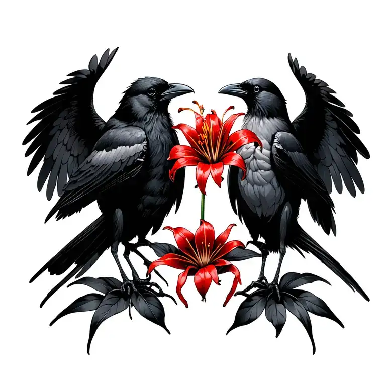 two crows with red spider lily next to them they touch with wings tattoo design idea