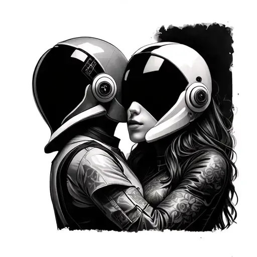 Daft Punk-inspired romantic tattoo, male and female figures in Daft Punk helmets hugging. No visible hair on the woman.  tattoo design idea