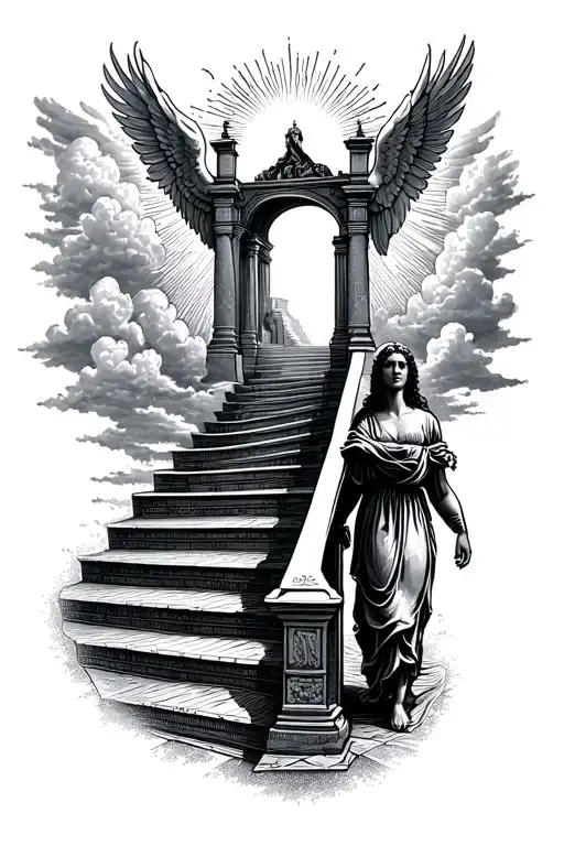 Stairway To Heaven Walking Up Stairs Angels Sun Rays Clouds Heaven Gate At The Top Of The Stairs Tattoo tattoo design idea