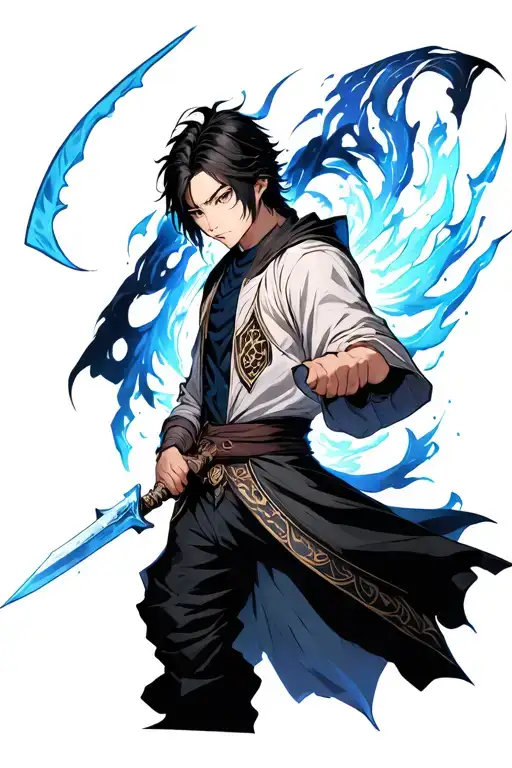 sung jinwoo from solo leveling anime with aura surrounding him holding his dagger and blade with his shadow minion tusk tattoo design idea