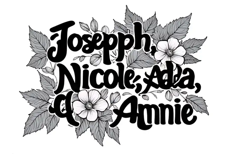 "Joseph, Nicole, Ada, Annie" leaves and forget me nots tattoo design idea