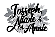 "Joseph, Nicole, Ada, Annie" leaves and forget me nots tattoo design idea