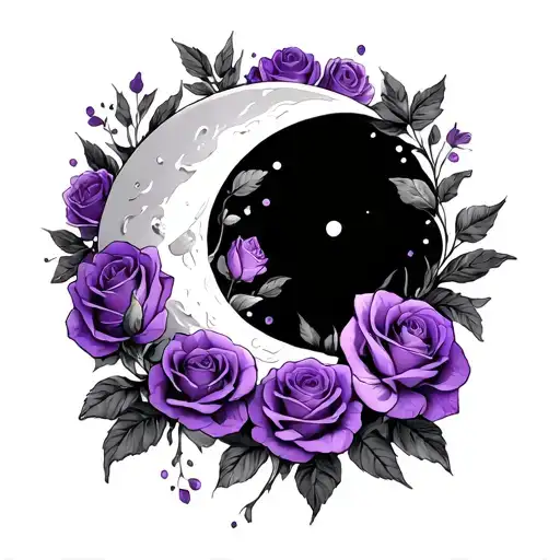 crescent moon surrounded by purple roses  tattoo design idea