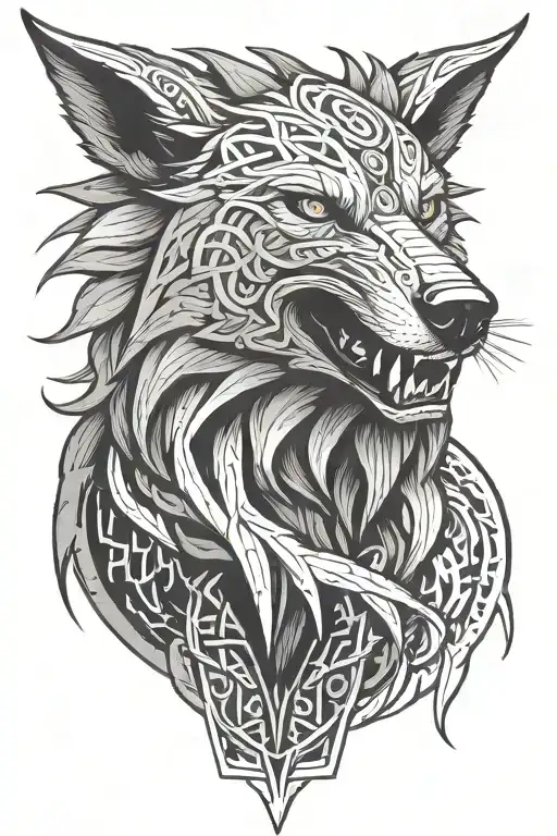 angry fenrir with runes wrapping, nordic, black and grey, with not allot of black tattoo design idea
