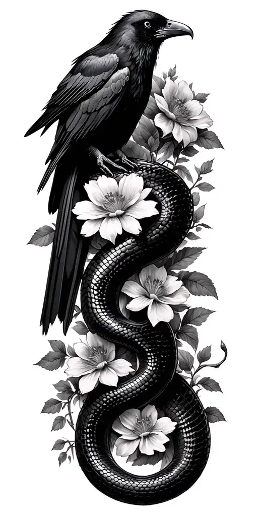 floral arm sleeve with a snake going through lowers and a raven perched up top tattoo design idea